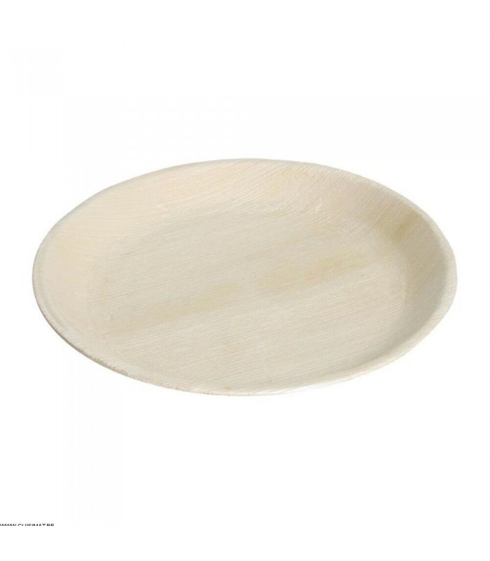 ASSIETTES PLATES RONDES EN FEUILLES DE PALMIER 250MM 100 PIECES dans EMBALLAGE EN BOIS