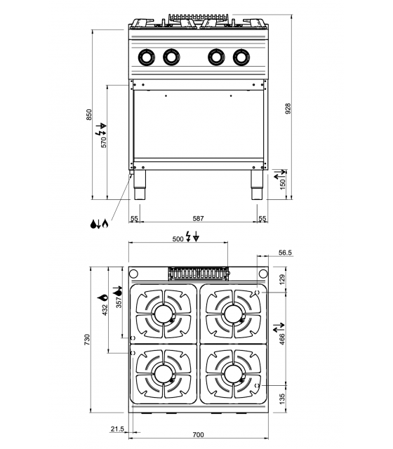 FOURNEAU GAZ 4 FEUX VIFS (4*7KW) SUR ARMOIRE SANS PORTES GAMME 700 dans OFFRES WEB