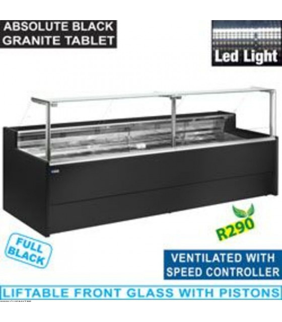 COMPTOIR VITRINE REFRIGERE VITRE DROITE 90° SUR PISTONS VENTILE AVEC RESERVE NOIR 200CM DIAMOND dans COMPTOIR