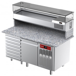TABLE FRIGORIFIQUE VENTILEE POUR PIZZA 1 PORTE ET 7 TIROIRS AVEC VITRINE REFRIGEE + GRANIT DIAMOND dans TABLE PIZZA