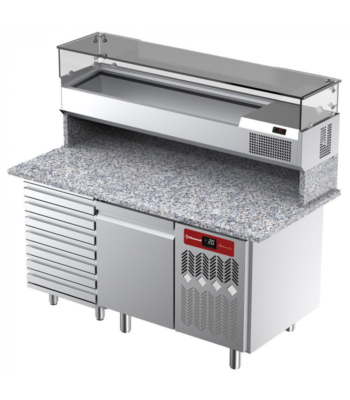 TABLE FRIGORIFIQUE VENTILEE POUR PIZZA 1 PORTE ET 7 TIROIRS AVEC VITRINE REFRIGEE + GRANIT DIAMOND dans TABLE PIZZA