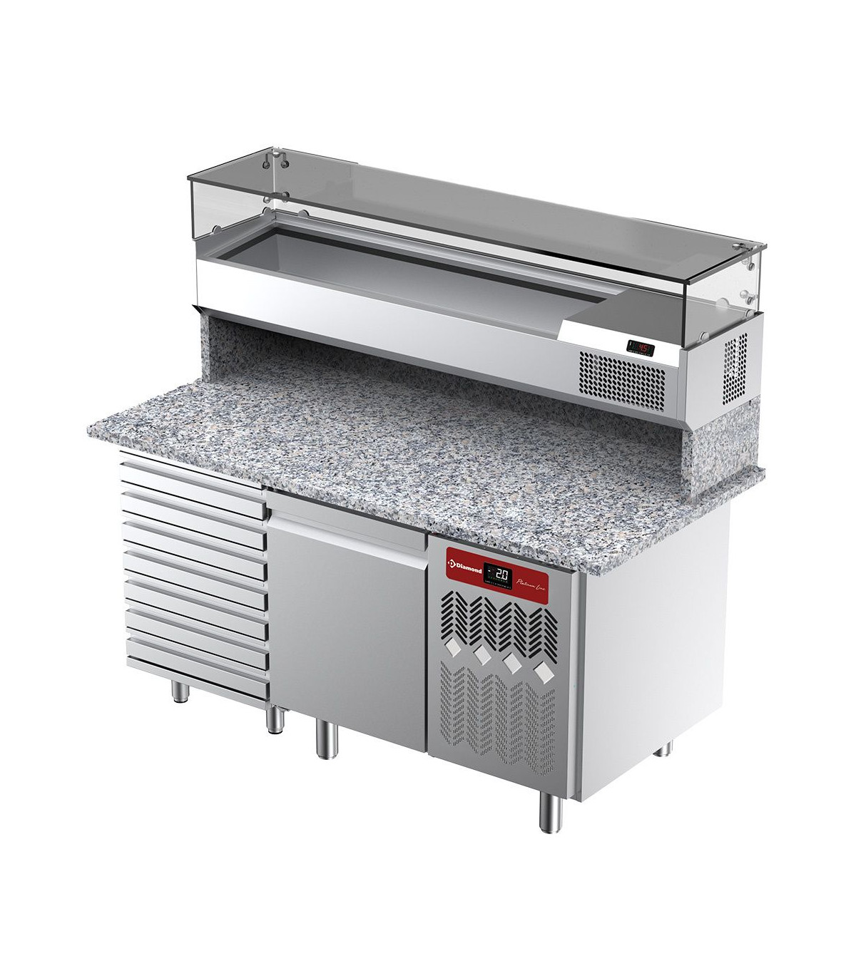 TABLE FRIGORIFIQUE VENTILEE POUR PIZZA 1 PORTE ET 7 TIROIRS AVEC VITRINE REFRIGEE + GRANIT DIAMOND dans TABLE PIZZA