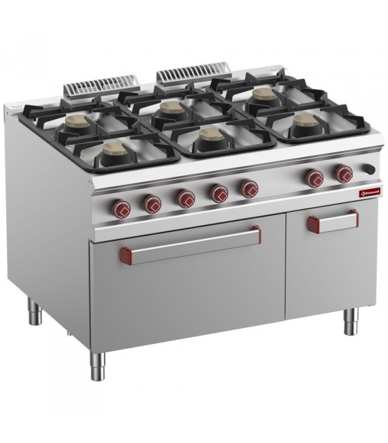 FOURNEAU 6 FEUX SUR FOUR GAZ GN2/1 ET ARMOIRE NEUTRE FERMEE OPTIMA 900 DIAMOND dans GAZ
