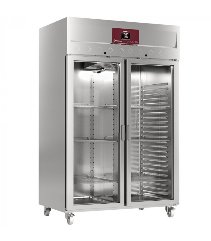 ARMOIRE FRIGORIFIQUE VENTILEE 1400LT 2 PORTES VITREES GN 2/1 SUR ROUES DIAMOND dans FRIGOS INOX