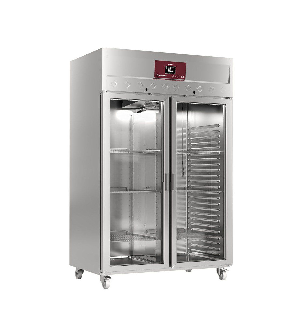 ARMOIRE FRIGORIFIQUE VENTILEE 1400LT 2 PORTES VITREES GN 2/1 SUR ROUES DIAMOND dans FRIGOS INOX