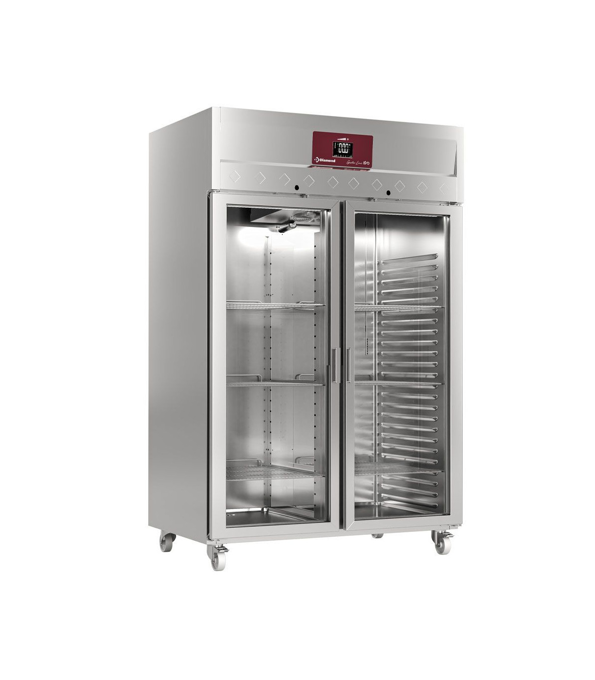ARMOIRE DE CONGELATION VENTILEE 1400LT 2 PORTES VITREES GN2/1 SUR ROUES DIAMOND dans CONSERVATEUR INOX