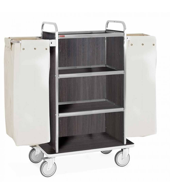 CHARIOT A LINGE INOX 4 NIVEAUX 2 SACS CHENE FONCE dans CHARIOT